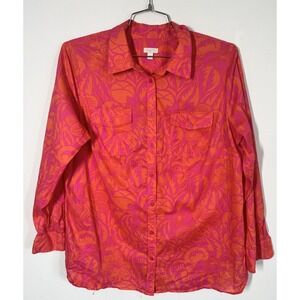 Talbots Long Sleeve 100% Cotton Button Up Shirt Blouse‎ Sz 1X Orange Pink Floral